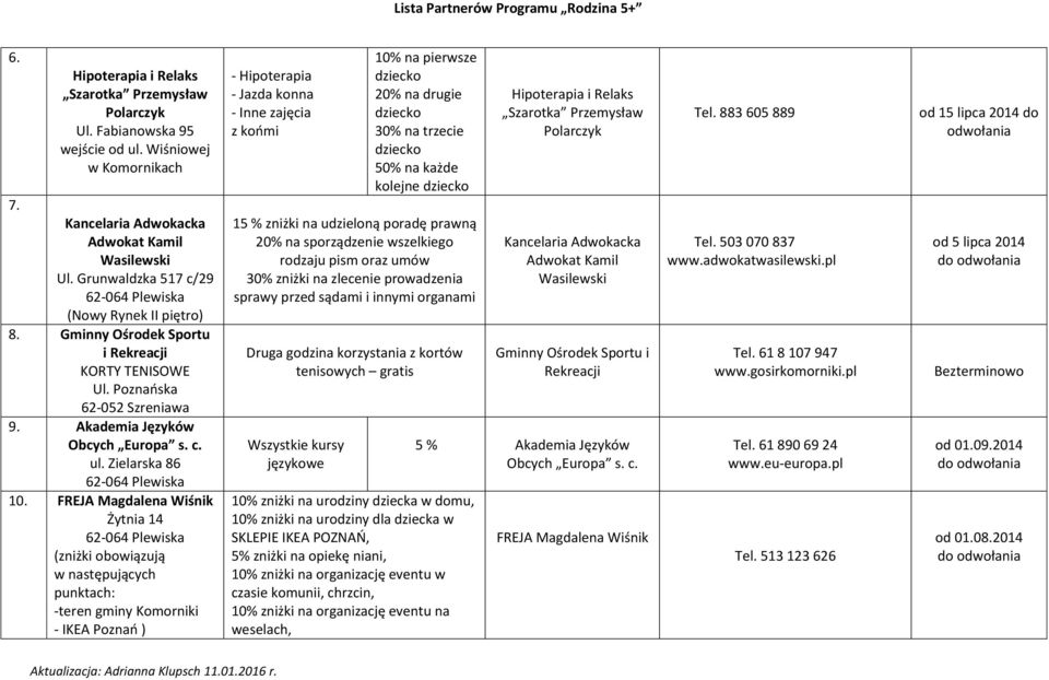 FREJA Magdalena Wiśnik Żytnia 14 (zniżki obowiązują w następujących punktach: -teren gminy Komorniki - IKEA Poznań ) - Hipoterapia - Jazda konna - Inne zajęcia z końmi 10% na pierwsze dziecko 20% na