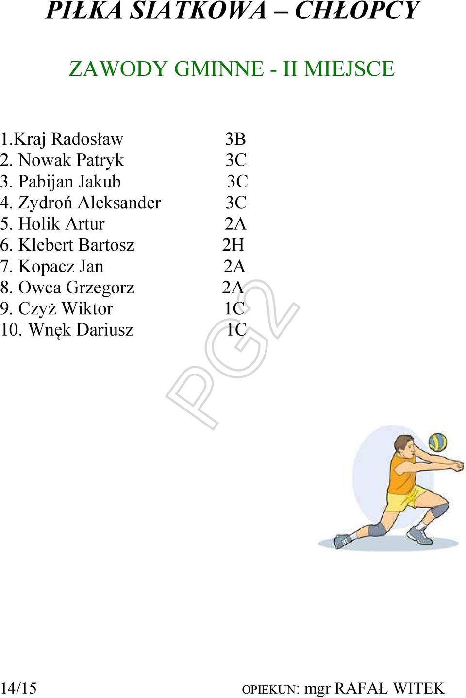 Zydroń Aleksander 3C 5. Holik Artur 2A 6. Klebert Bartosz 2H 7.