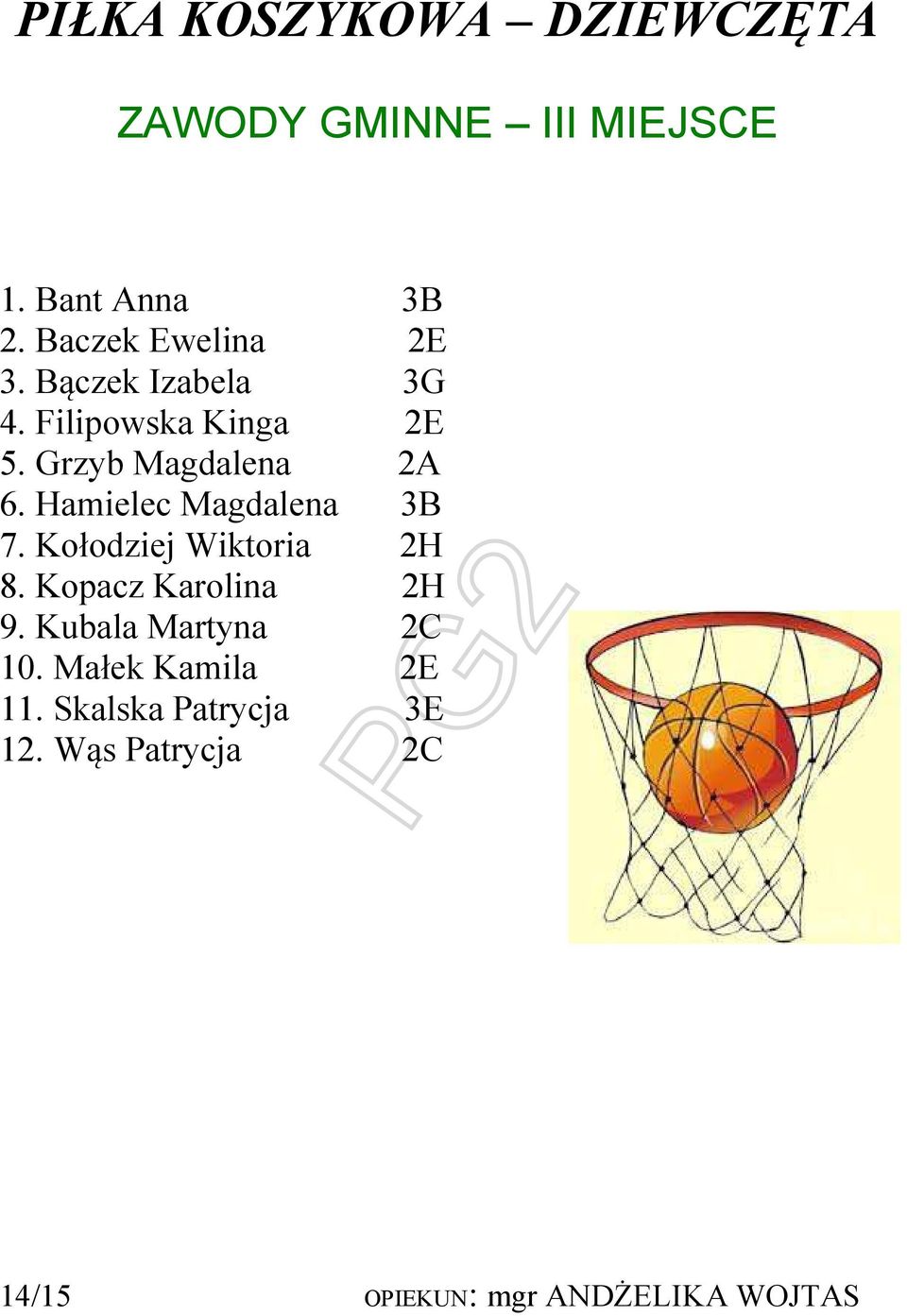 Hamielec Magdalena 3B 7. Kołodziej Wiktoria 2H 8. Kopacz Karolina 2H 9.