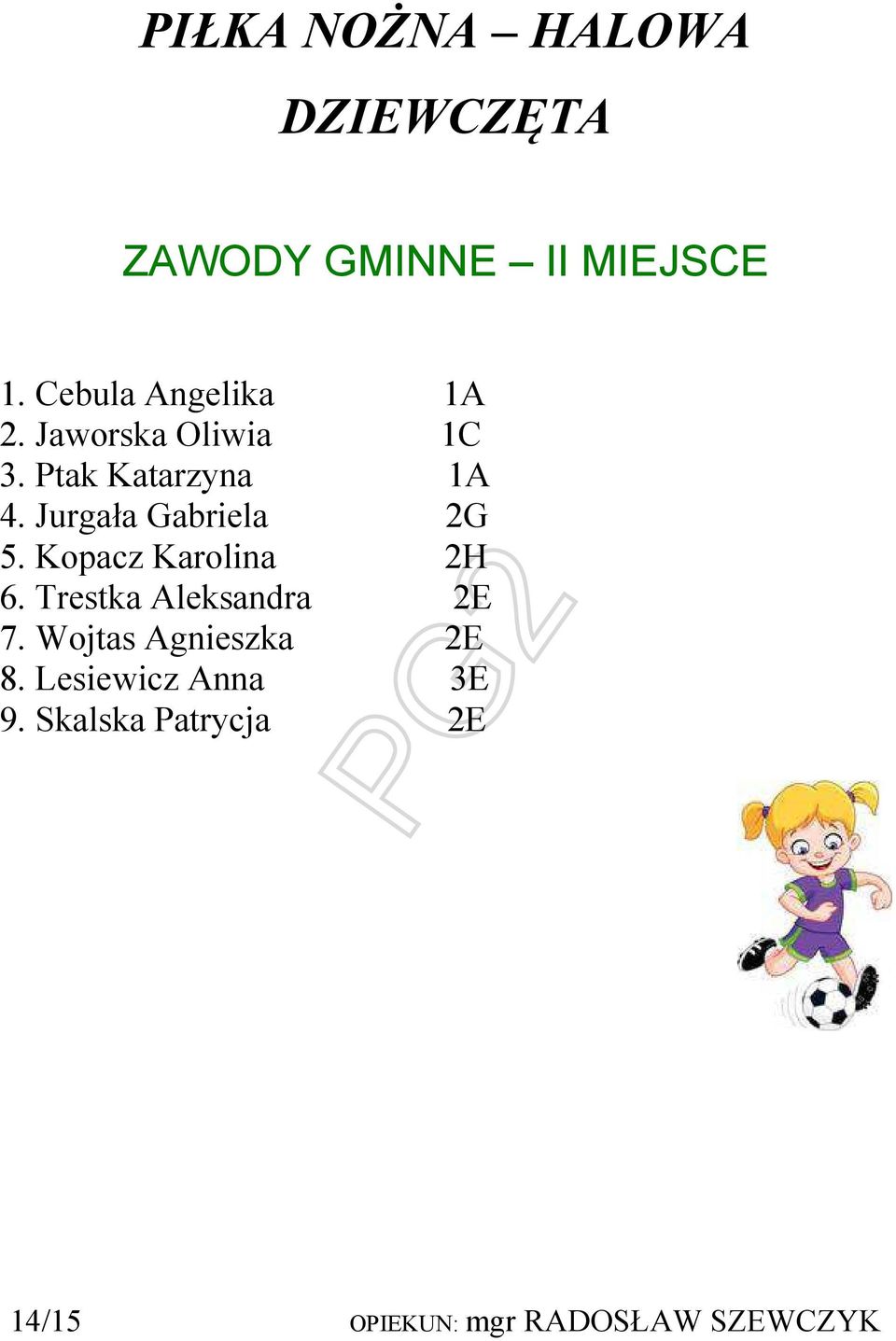 Jurgała Gabriela 2G 5. Kopacz Karolina 2H 6. Trestka Aleksandra 2E 7.