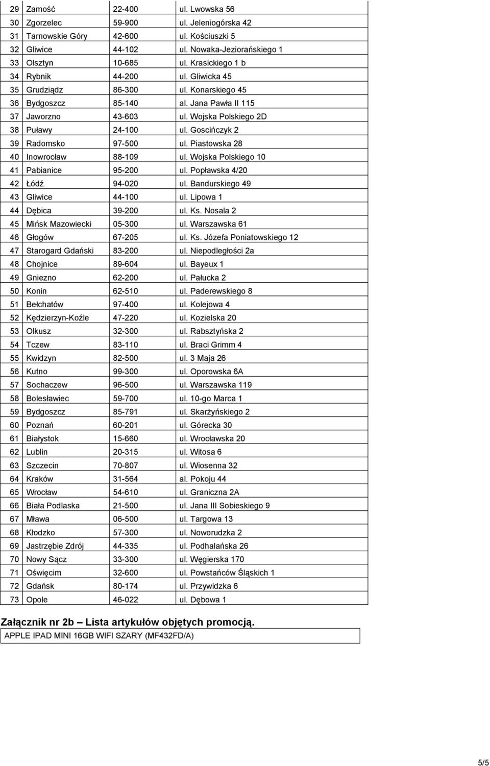Goscińczyk 2 39 Radomsko 97-500 ul. Piastowska 28 40 Inowrocław 88-109 ul. Wojska Polskiego 10 41 Pabianice 95-200 ul. Popławska 4/20 42 Łódź 94-020 ul. Bandurskiego 49 43 Gliwice 44-100 ul.