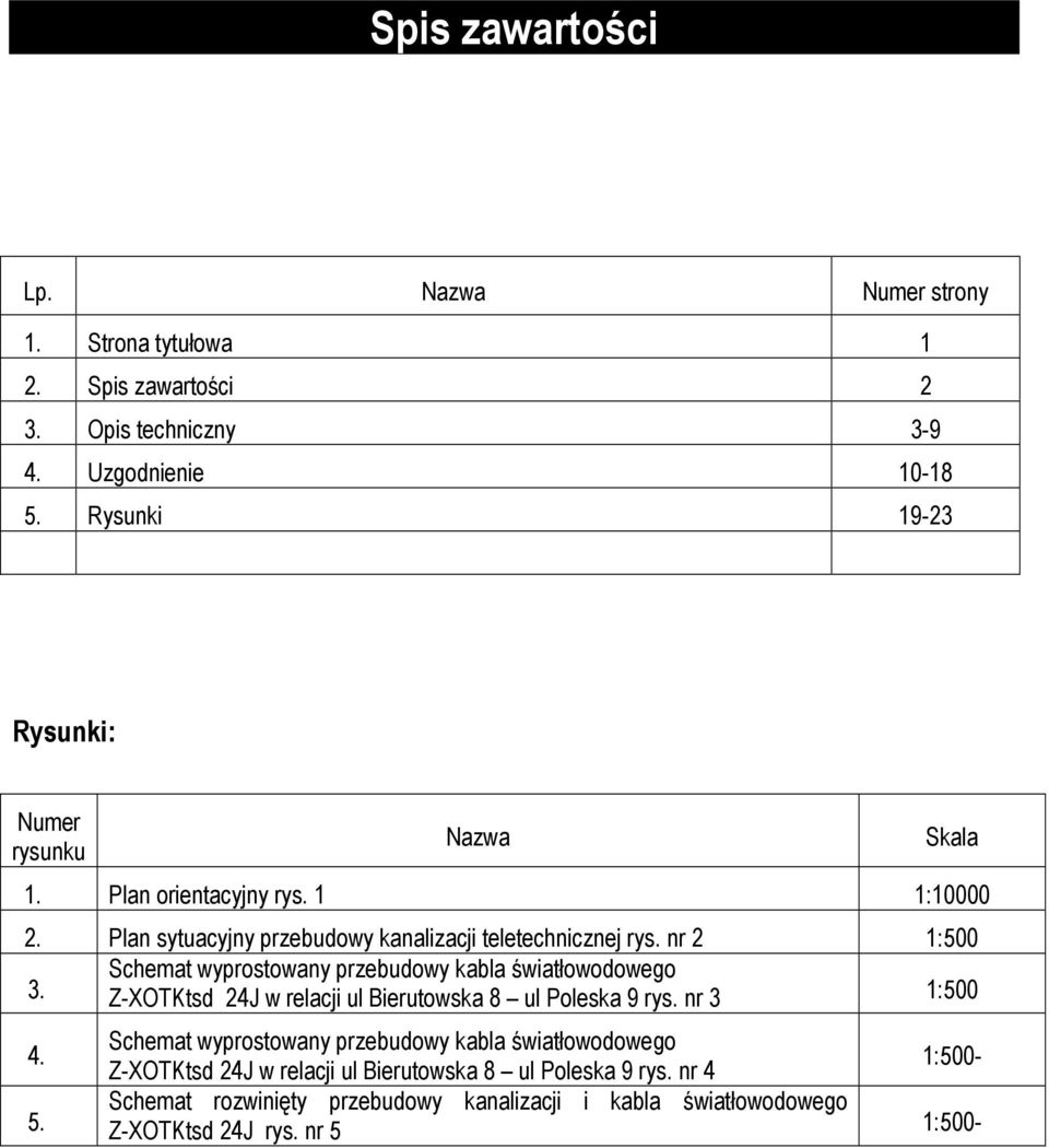 Schemat wyprostowany przebudowy kabla światłowodowego Z-XOTKtsd 24J w relacji ul Bierutowska 8 ul Poleska 9 rys. nr 3 1:500 4. 5.