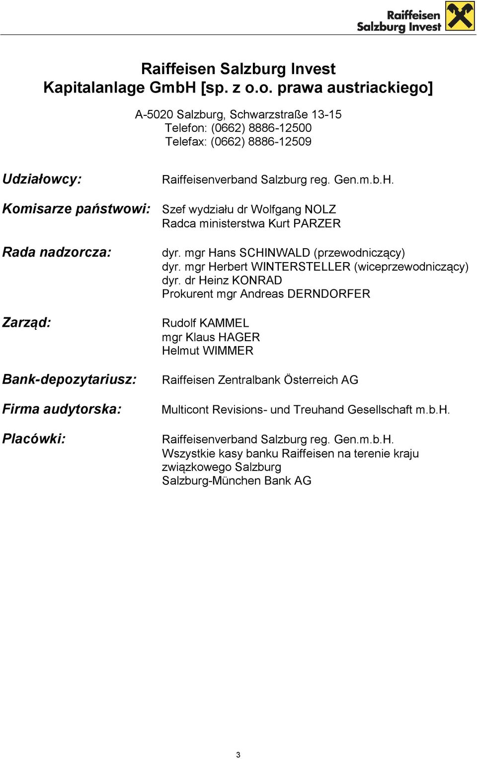 Komisarze państwowi: Szef wydziału dr Wolfgang NOLZ Radca ministerstwa Kurt PARZER Rada nadzorcza: Zarząd: Bank-depozytariusz: Firma audytorska: Placówki: dyr. mgr Hans SCHINWALD (przewodniczący) dyr.