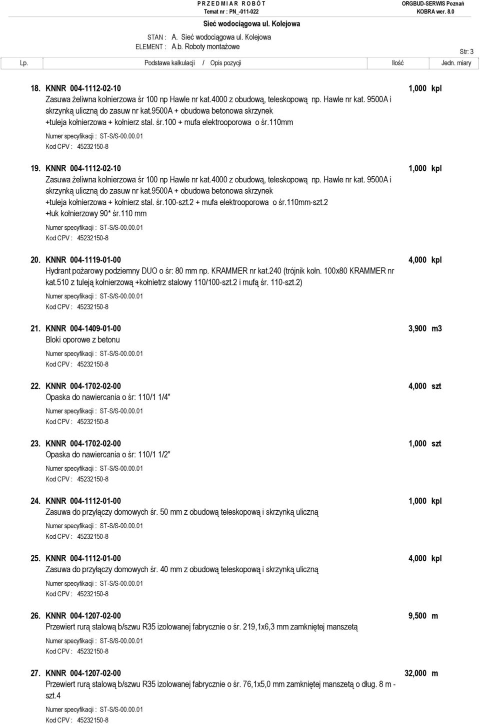 4000 z obudową, teleskopową np. Hawle nr kat. 9500A i skrzynką uliczną do zasuw nr kat.9500a + obudowa betonowa skrzynek +tuleja kołnierzowa + kołnierz stal. śr.100-szt.2 + mufa elektrooporowa o śr.