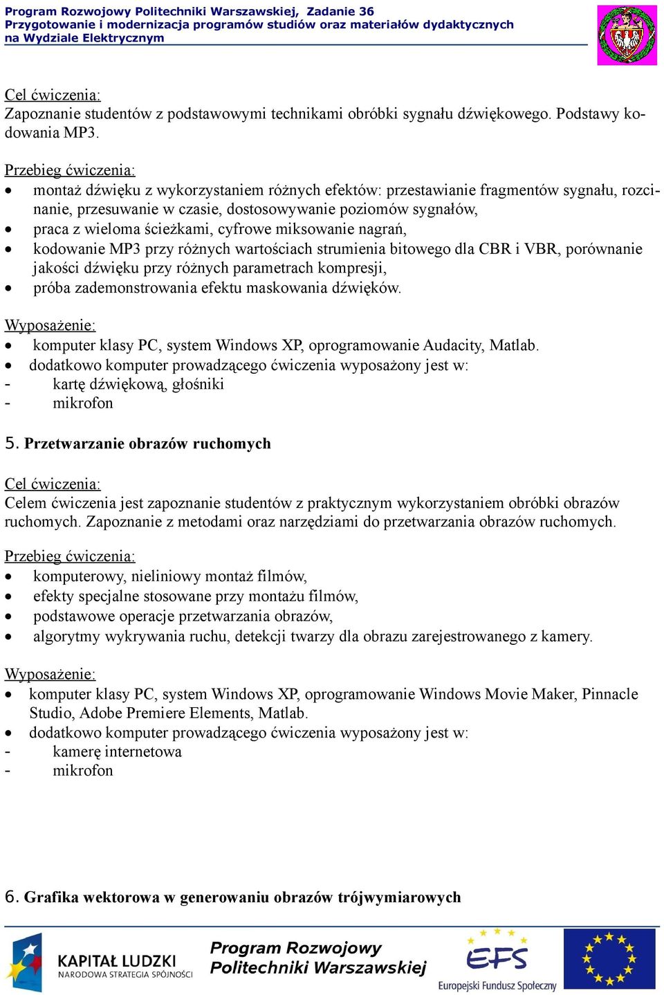 nagrań, kodowanie MP3 przy różnych wartościach strumienia bitowego dla CBR i VBR, porównanie jakości dźwięku przy różnych parametrach kompresji, próba zademonstrowania efektu maskowania dźwięków.