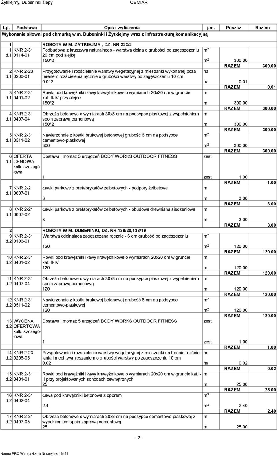 00 2 KNR 2-23 Przygotowanie i rozścielenie warstwy wegetacyjnej z ieszanki wykonanej poza ha d.1 0206-01 terene rozścielenia ręcznie o grubości warstwy po zagęszczeniu 10 c 0.012 ha 0.01 0.