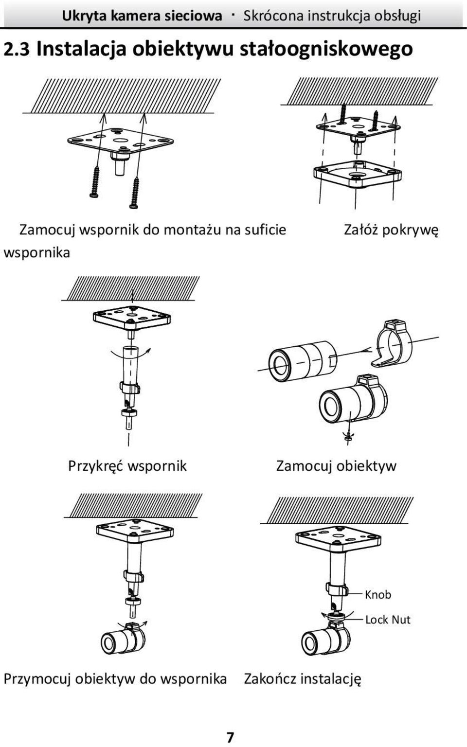 pokrywę Przykręć wspornik Zamocuj obiektyw Knob