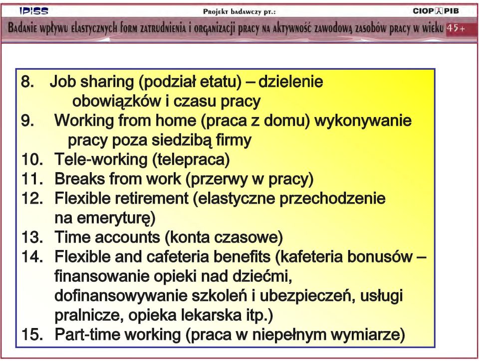 Breaks from work (przerwy w pracy) 12. Flexible retirement (elastyczne przechodzenie na emeryturę) 13.