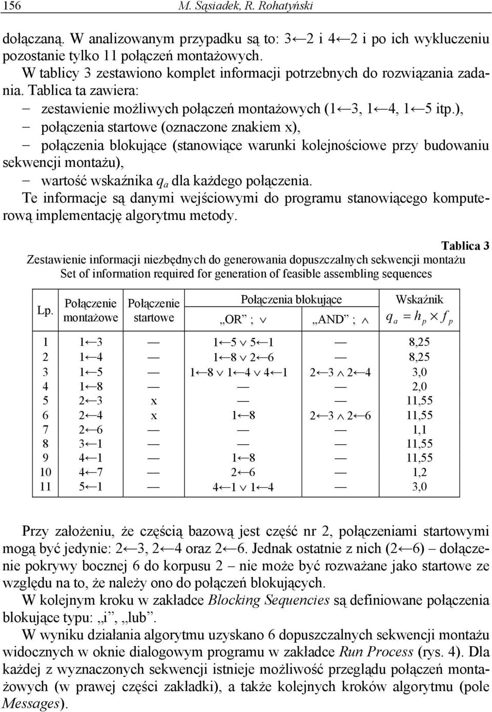 ), połączenia startowe (oznaczone znakiem ), połączenia blokujące (stanowiące warunki kolejnościowe przy budowaniu sekwencji montażu), wartość wskaźnika q a dla każdego połączenia.