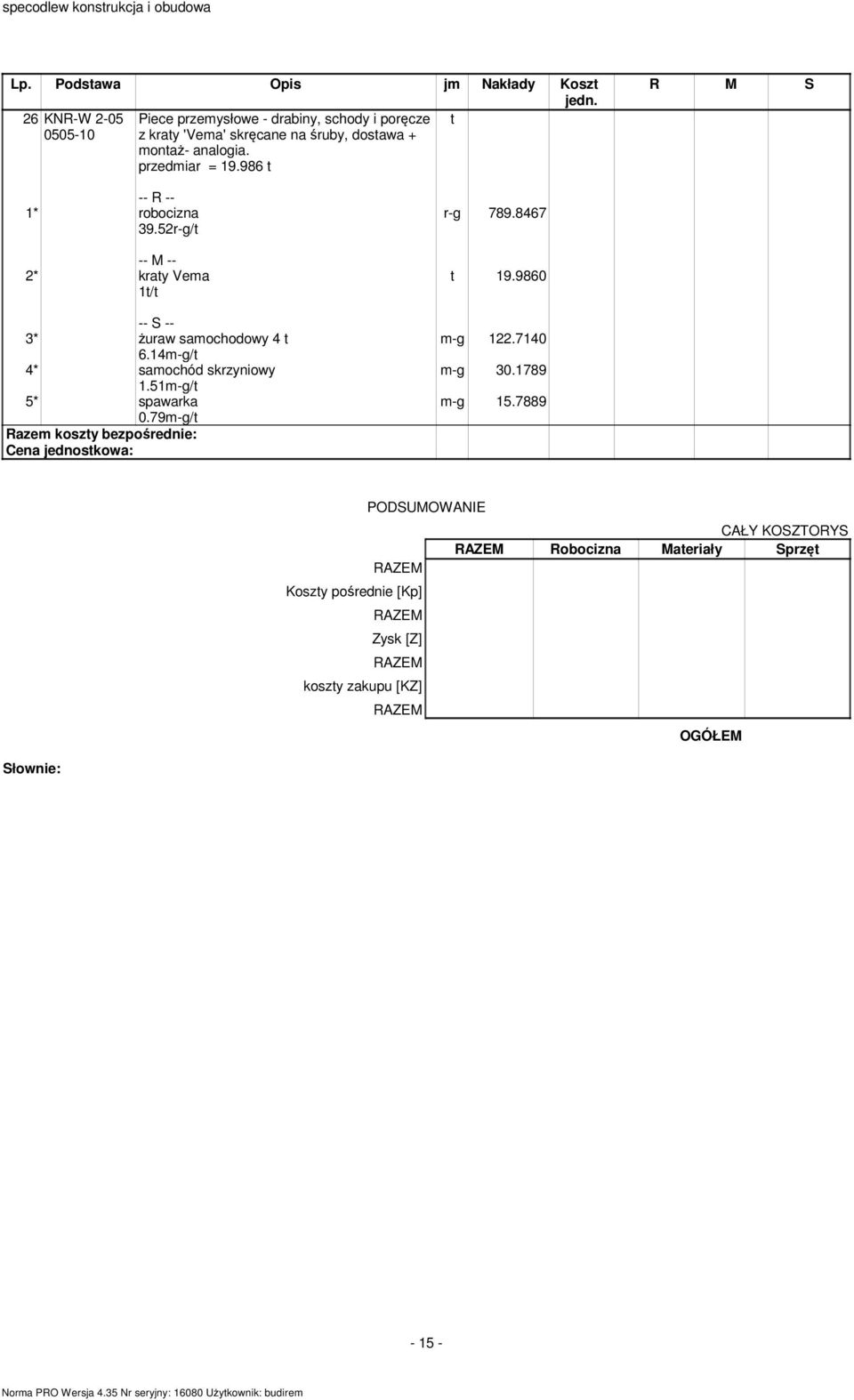 analogia. przedmiar = 19.986 39.52r-g/ 2* kray Vema 1/ 3* żuraw samochodowy 4 6.14m-g/ 4* samochód skrzyniowy 1.51m-g/ 5* spawarka 0.79m-g/ r-g 789.