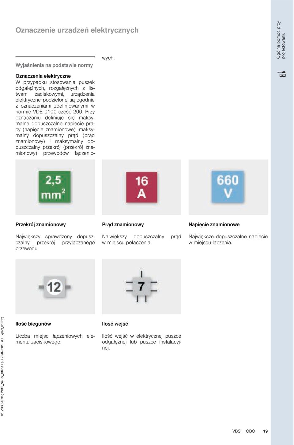 Przy oznaczaniu definiuje się maksymalne dopuszczalne napięcie pracy (napięcie znamionowe), maksymalny dopuszczalny prąd (prąd znamionowy) i maksymalny dopuszczalny przekrój (przekrój znamionowy)