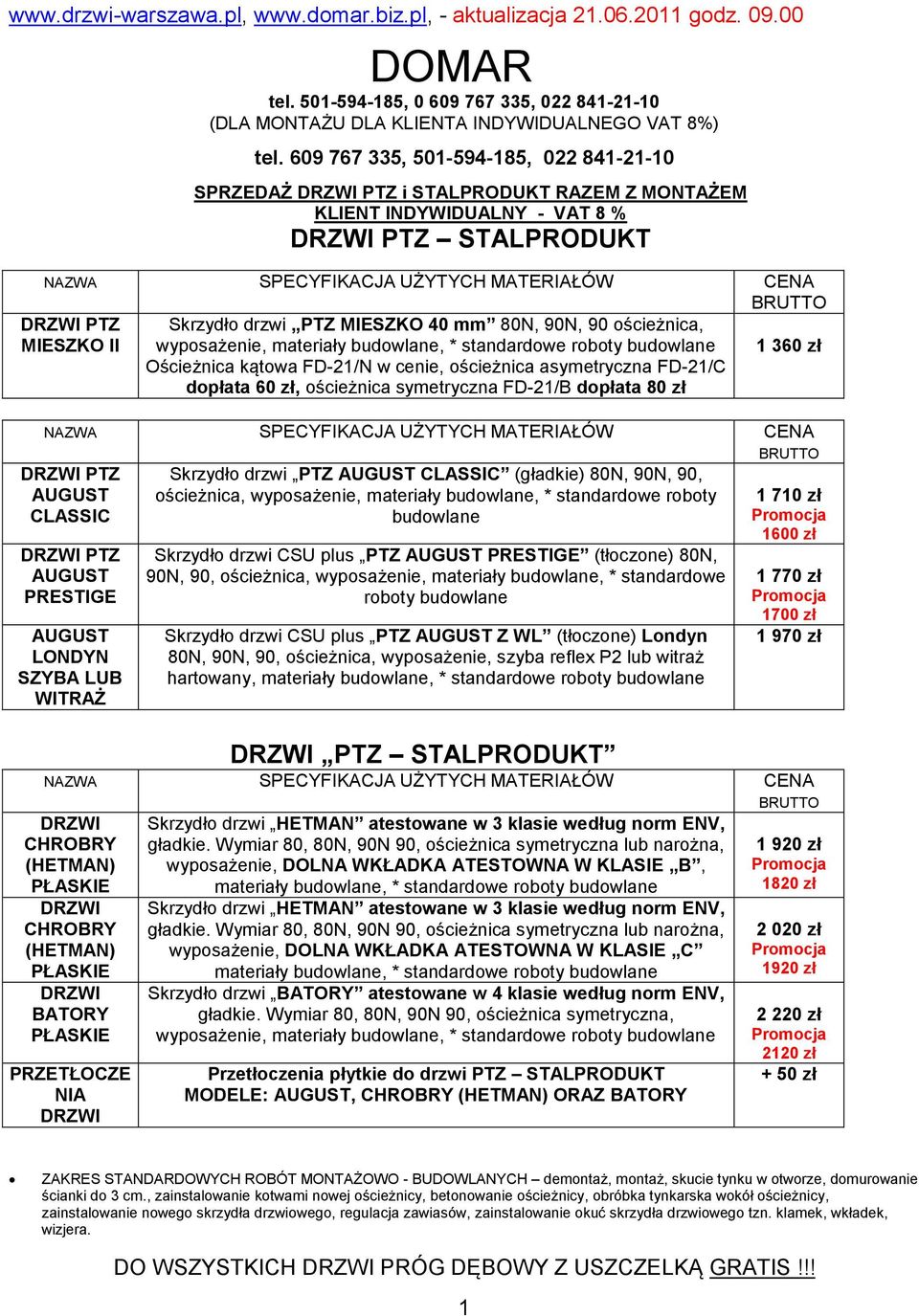 ościeżnica, wyposażenie, materiały, * standardowe roboty Ościeżnica kątowa FD-21/N w cenie, ościeżnica asymetryczna FD-21/C dopłata 60 zł, ościeżnica symetryczna FD-21/B dopłata 80 zł 1 360 zł PTZ