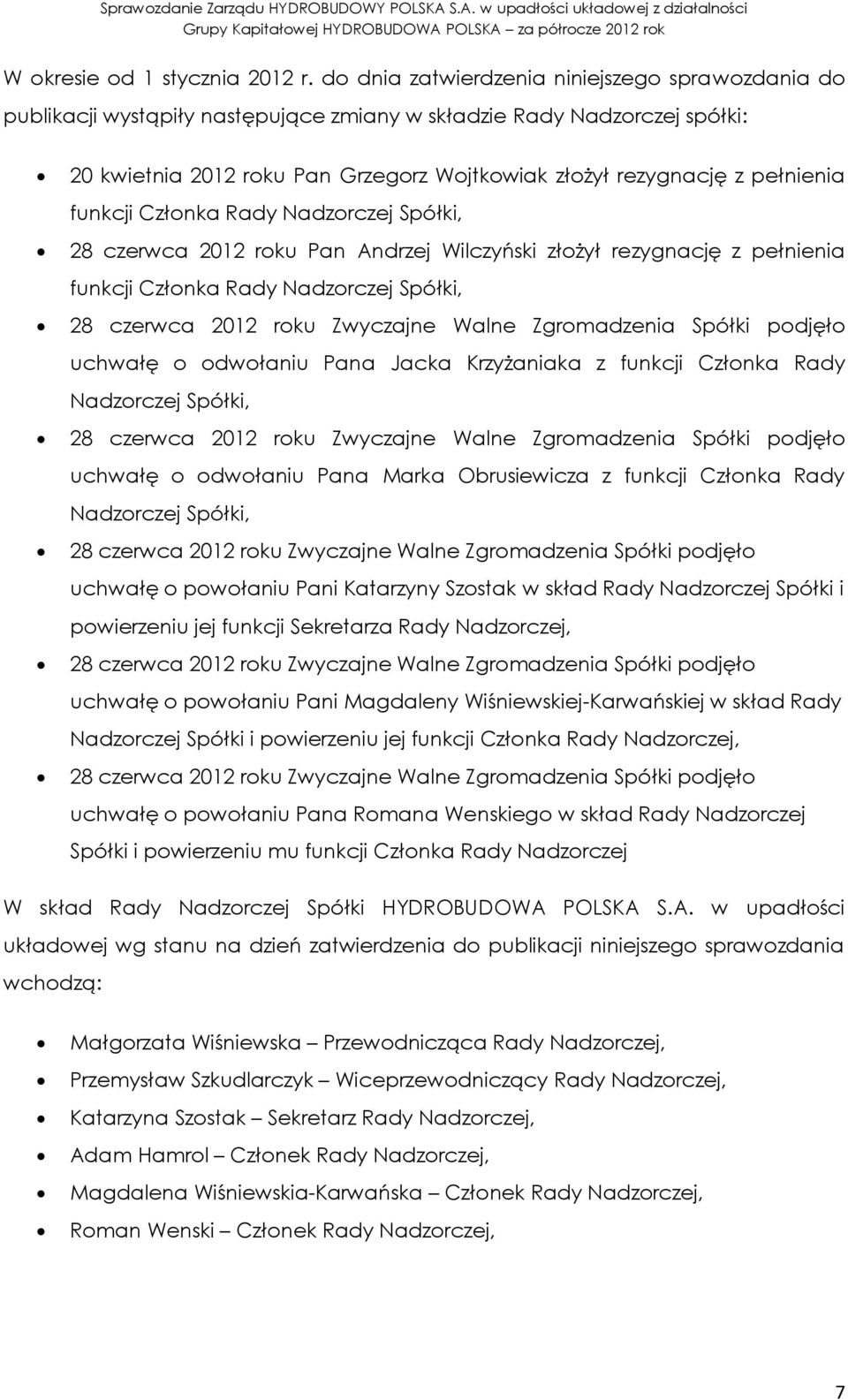 pełnienia funkcji Członka Rady Nadzorczej Spółki, 28 czerwca 2012 roku Pan Andrzej Wilczyński złożył rezygnację z pełnienia funkcji Członka Rady Nadzorczej Spółki, 28 czerwca 2012 roku Zwyczajne