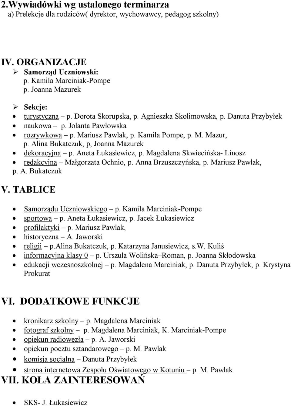 Alina Bukatczuk, p, Joanna Mazurek dekoracyjna p. Aneta Łukasiewicz, p. Magdalena Skwiecińska- Linosz redakcyjna Małgorzata Ochnio, p. Anna Brzuszczyńska, p. Mariusz Pawlak, p. A. Bukatczuk. TABLICE Samorządu Uczniowskiego p.