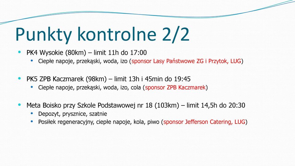 woda, izo, cola (sponsor ZPB Kaczmarek) Meta Boisko przy Szkole Podstawowej nr 18 (103km) limit 14,5h do