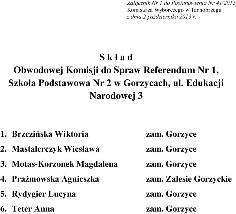 Gorzyce 2. Mastalerczyk Wiesława zam. Gorzyce 3. Motas-Korzonek Magdalena zam. Gorzyce 4.