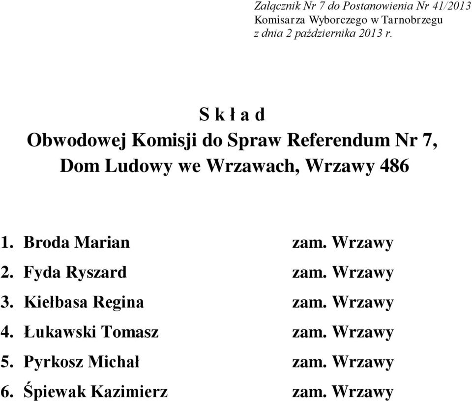 Wrzawy 2. Fyda Ryszard zam. Wrzawy 3. Kiełbasa Regina zam. Wrzawy 4.