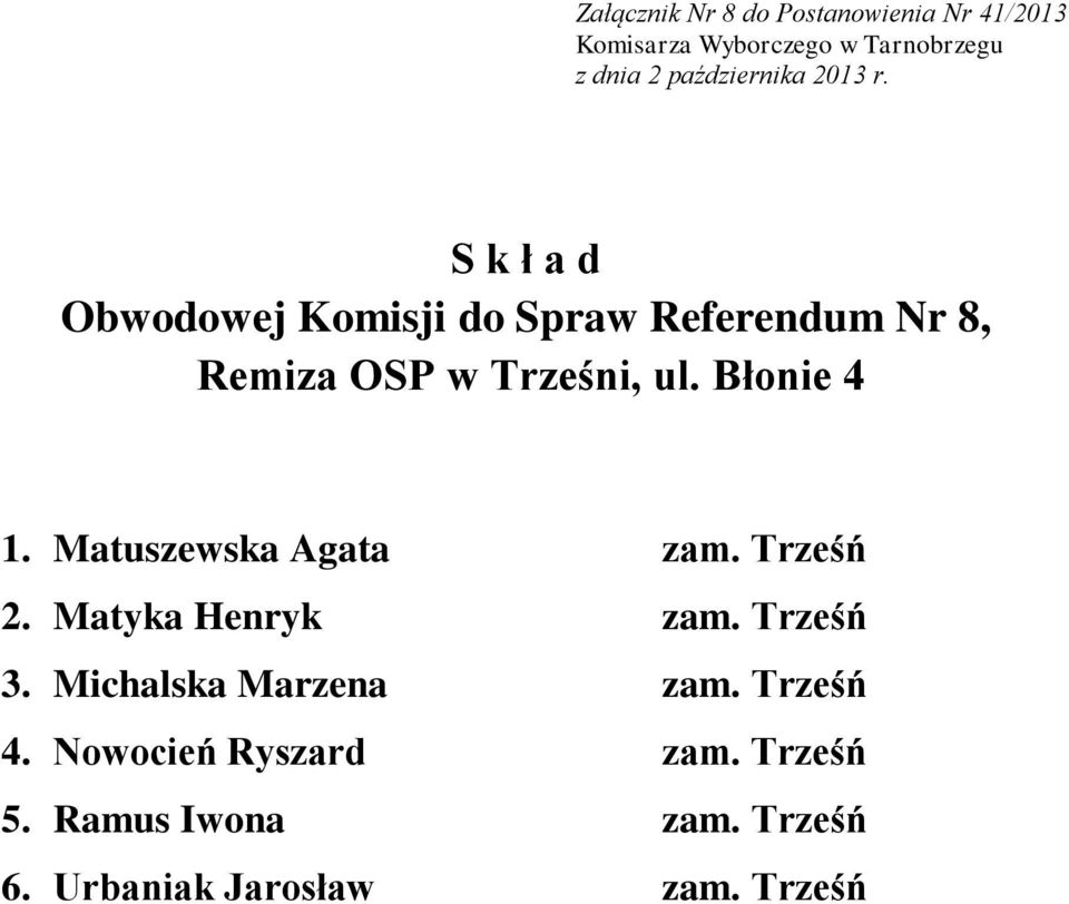 Trześń 2. Matyka Henryk zam. Trześń 3. Michalska Marzena zam. Trześń 4.