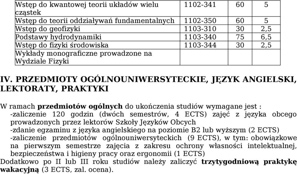 PRZEDMIOTY OGÓLNOUNIWERSYTECKIE, JĘZYK ANGIELSKI, LEKTORATY, PRAKTYKI W ramach przedmiotów ogólnych do ukończenia studiów wymagane jest : -zaliczenie 120 godzin (dwóch semestrów, 4 ECTS) zajęć z