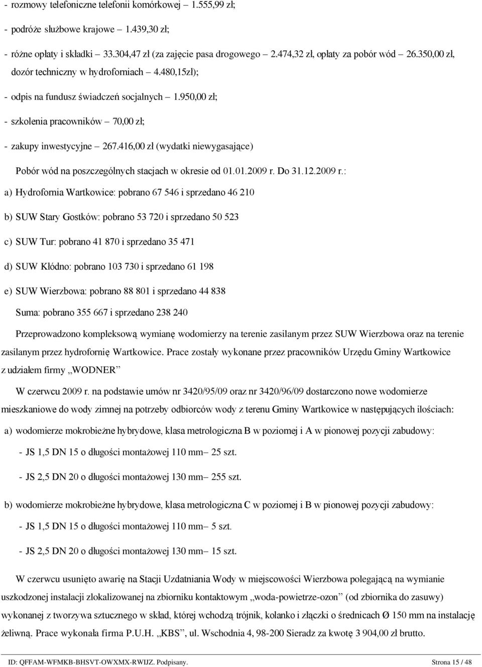 480,15zł); - odpis na fundusz świadczeń socjalnych 1.950,00 zł; - szkolenia pracowników 70,00 zł; - zakupy inwestycyjne 267.