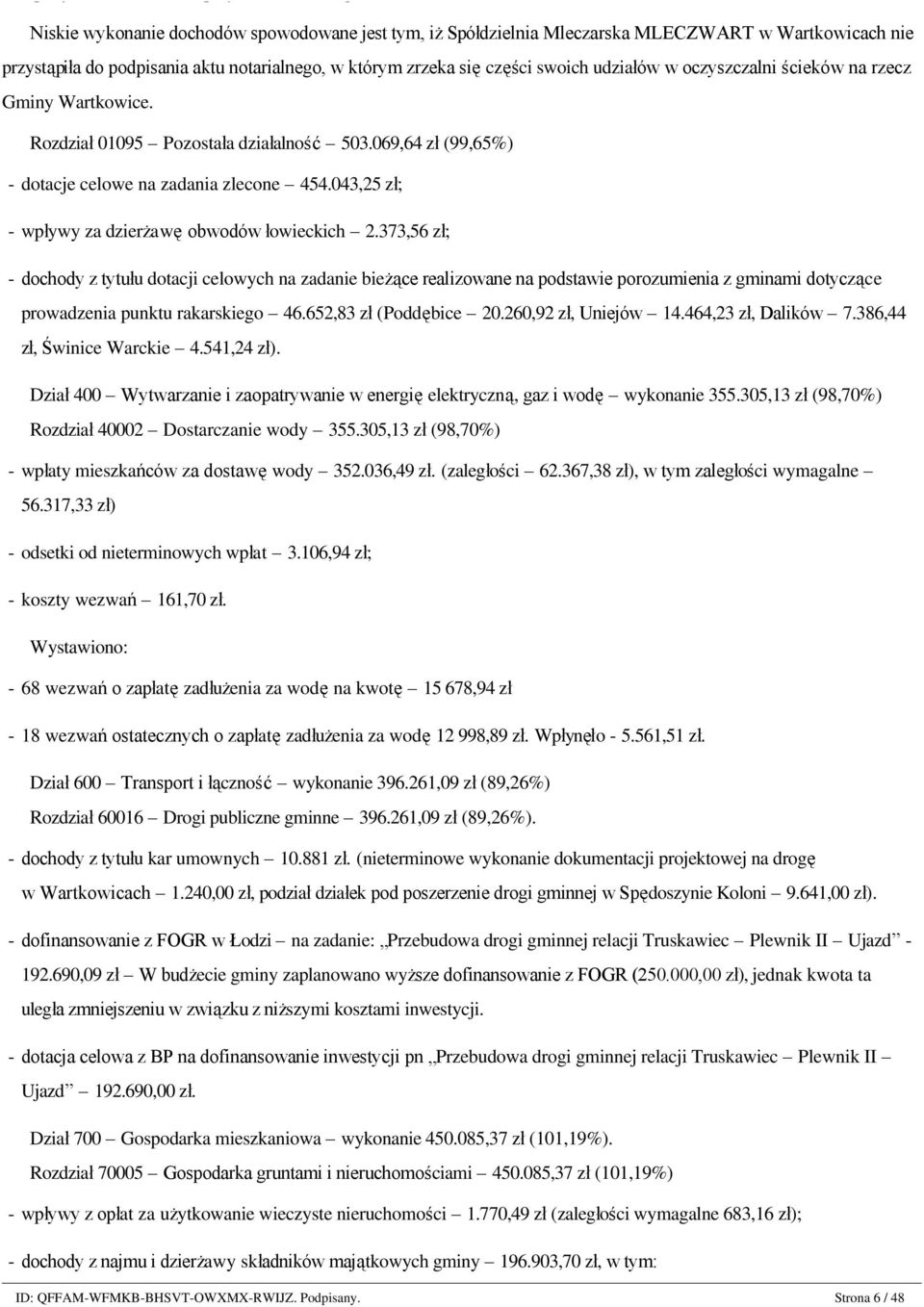 udziałów w oczyszczalni ścieków na rzecz Gminy Wartkowice. Rozdział 01095 Pozostała działalność 503.069,64 zł (99,65%) - dotacje celowe na zadania zlecone 454.