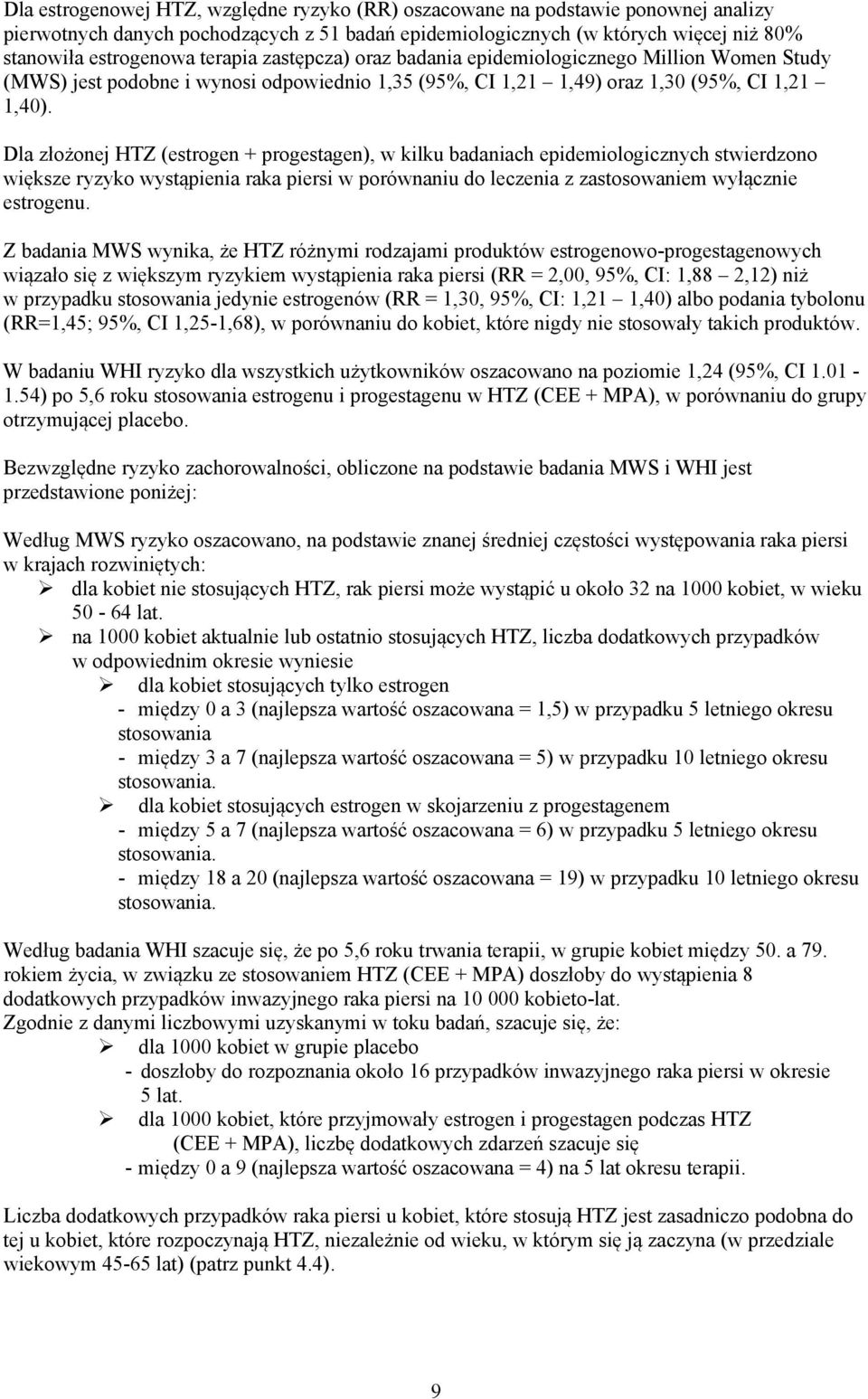 Dla złożonej HTZ (estrogen + progestagen), w kilku badaniach epidemiologicznych stwierdzono większe ryzyko wystąpienia raka piersi w porównaniu do leczenia z zastosowaniem wyłącznie estrogenu.