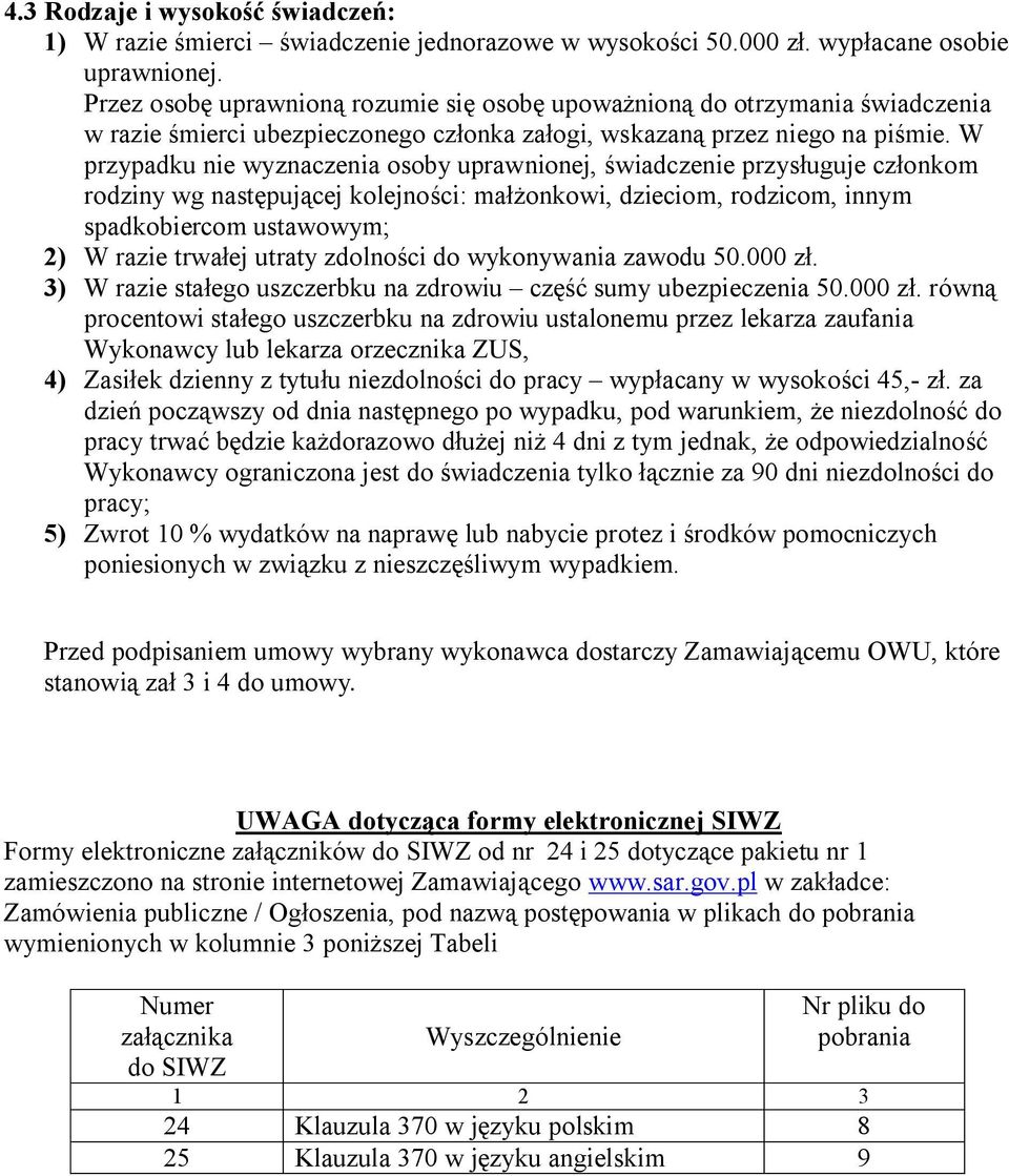 W przypadku nie wyznaczenia osoby uprawnionej, świadczenie przysługuje członkom rodziny wg następującej kolejności: małżonkowi, dzieciom, rodzicom, innym spadkobiercom ustawowym; 2) W razie trwałej