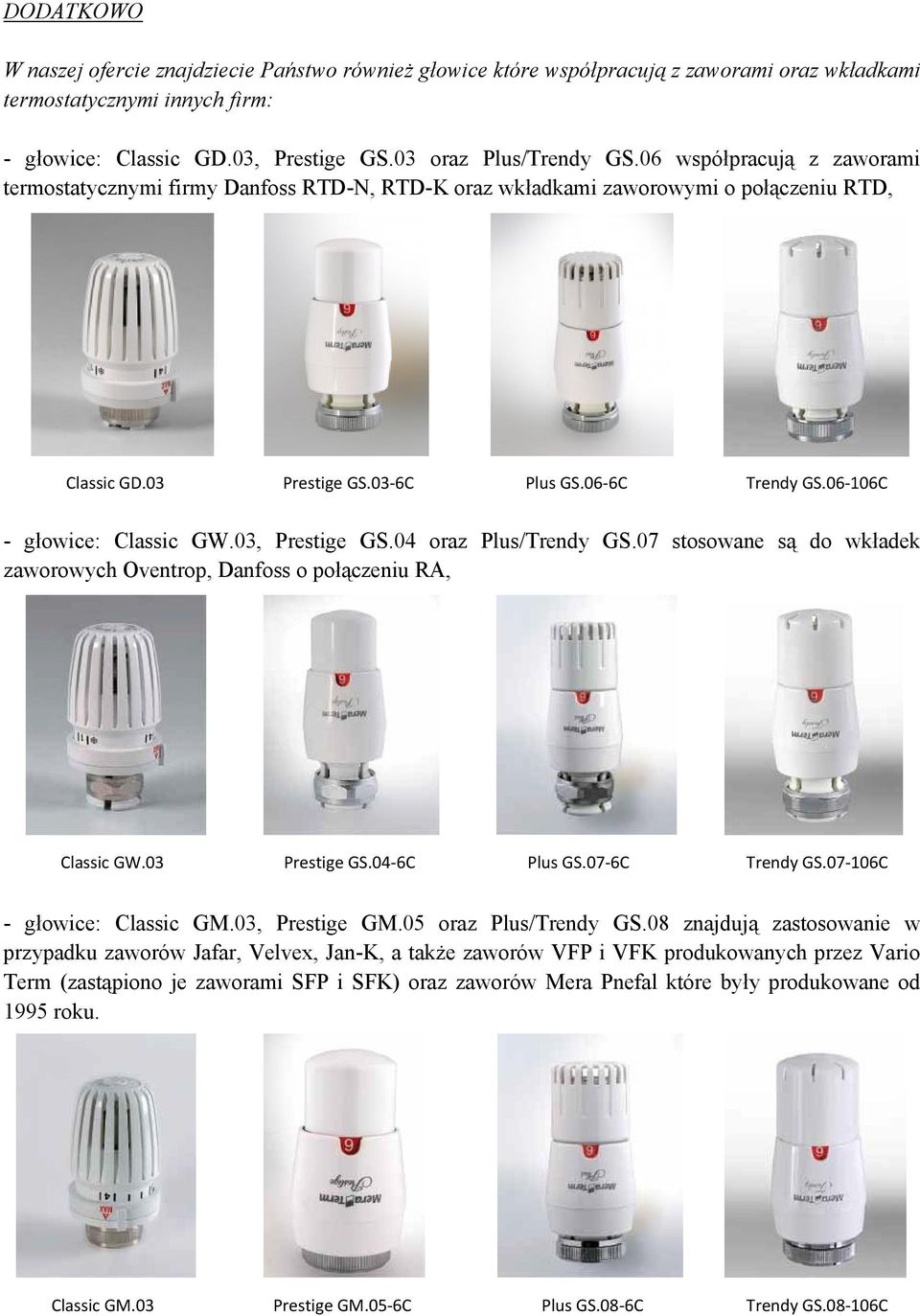 06 106C - głowice: Classic GW.03, Prestige GS.04 oraz Plus/Trendy GS.07 stosowane są do wkładek zaworowych Oventrop, Danfoss o połączeniu RA, Classic GW.03 Prestige GS.04 6C Plus GS.07 6C Trendy GS.