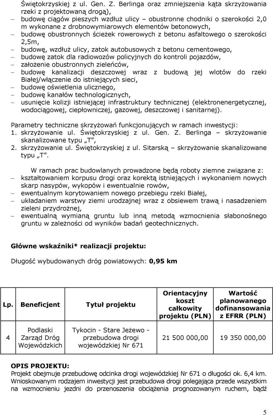 budowę obustronnych ścieżek rowerowych z betonu asfaltowego o szerokości 2,5m, budowę, wzdłuż ulicy, zatok autobusowych z betonu cementowego, budowę zatok dla radiowozów policyjnych do kontroli