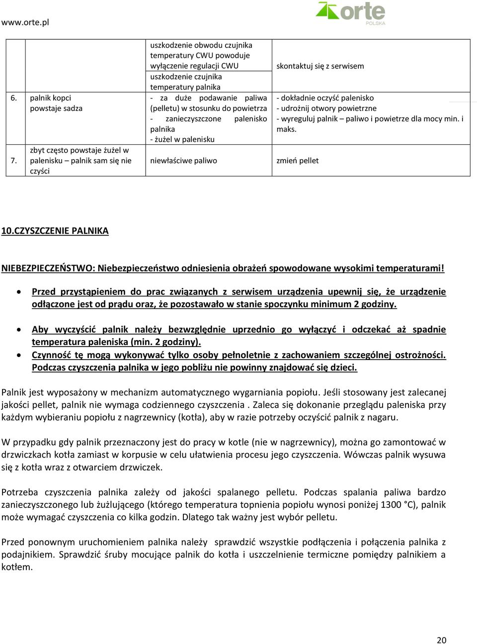 podawanie paliwa (pelletu) w stosunku do powietrza - zanieczyszczone palenisko palnika - żużel w palenisku niewłaściwe paliwo skontaktuj się z serwisem - dokładnie oczyść palenisko - udrożnij otwory