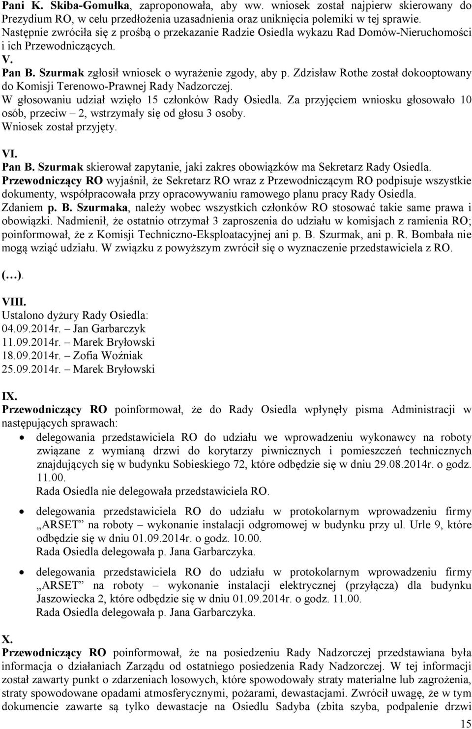 Zdzisław Rothe został dokooptowany do Komisji Terenowo-Prawnej Rady Nadzorczej. W głosowaniu udział wzięło 15 członków Rady Osiedla.