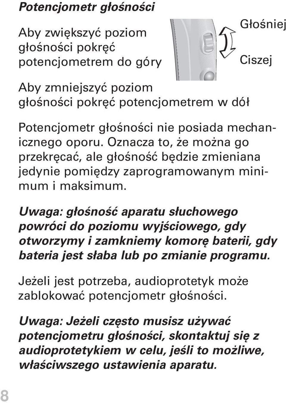Uwaga: głośność aparatu słuchowego powróci do poziomu wyjściowego, gdy otworzymy i zamkniemy komorę baterii, gdy bateria jest słaba lub po zmianie programu.