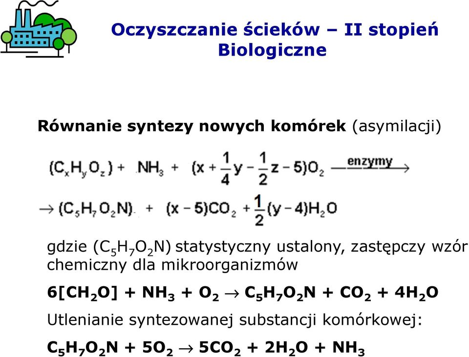 chemiczny dla mikroorganizmów 6[CH 2 O] + NH 3 + O 2 C 5 H 7 O 2 N + CO 2 + 4H