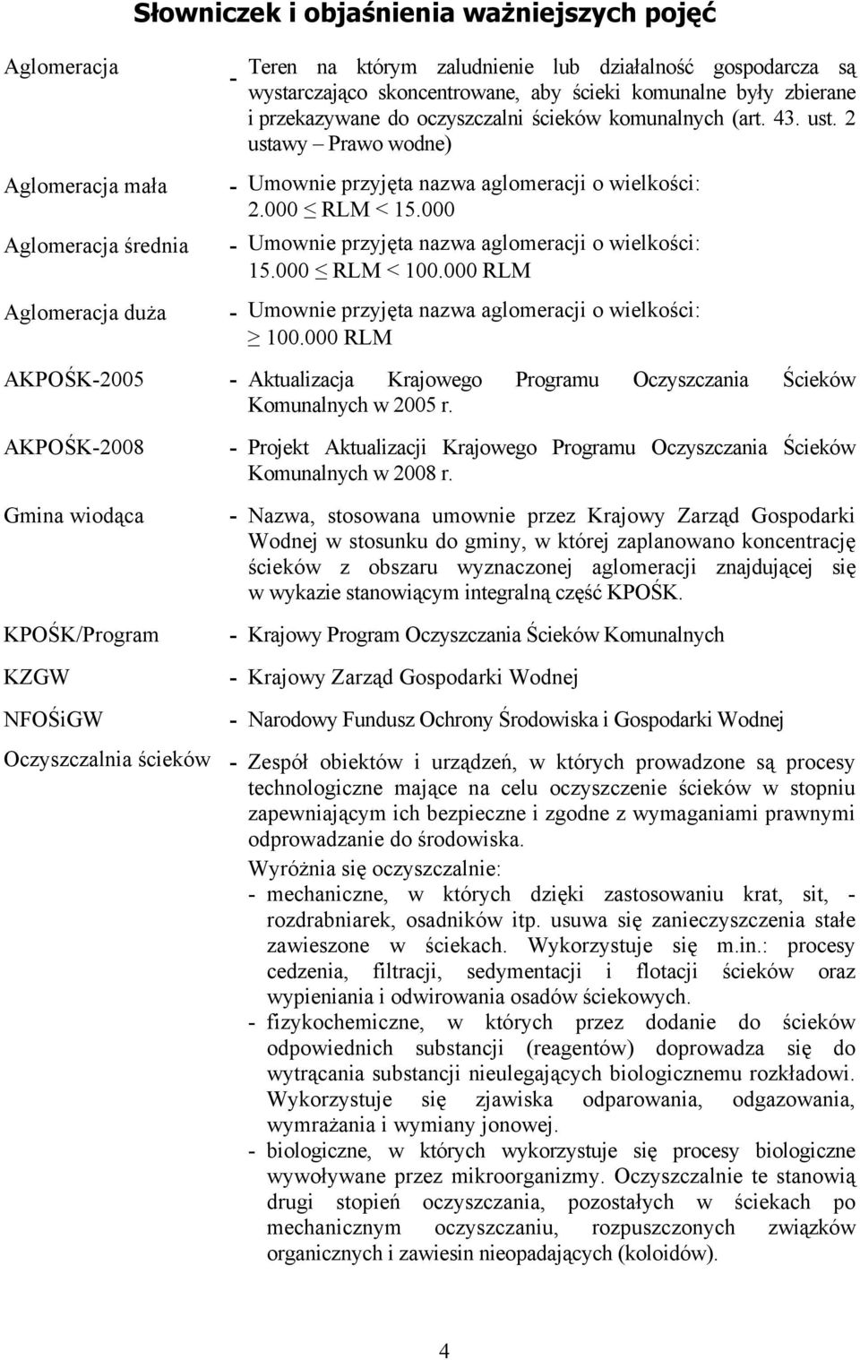 000 RLM < 15.000 - Umownie przyjęta nazwa aglomeracji o wielkości: 15.000 RLM < 100.000 RLM - Umownie przyjęta nazwa aglomeracji o wielkości: 100.