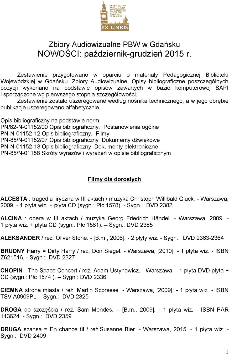 Zestawienie zostało uszeregowane według nośnika technicznego, a w jego obrębie publikacje uszeregowano alfabetycznie. Opis bibliograficzny na podstawie norm: PN/82-N-01152/00 Opis bibliograficzny.