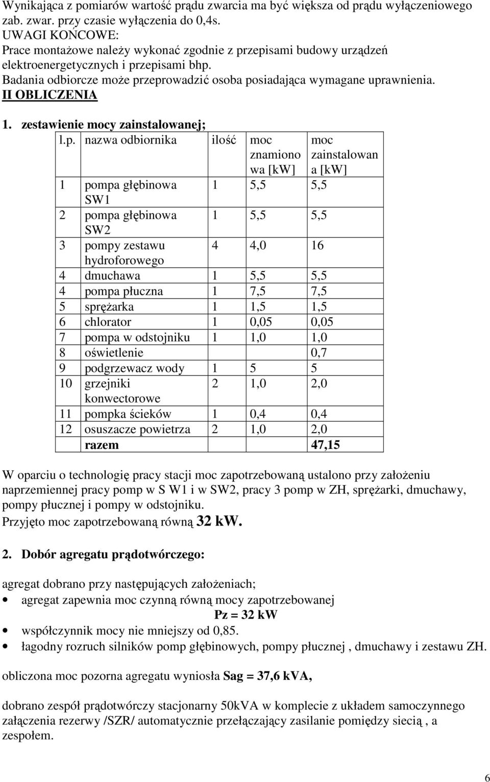 II OBLICZENIA 1. zestawienie mocy zainstalowanej; l.p.