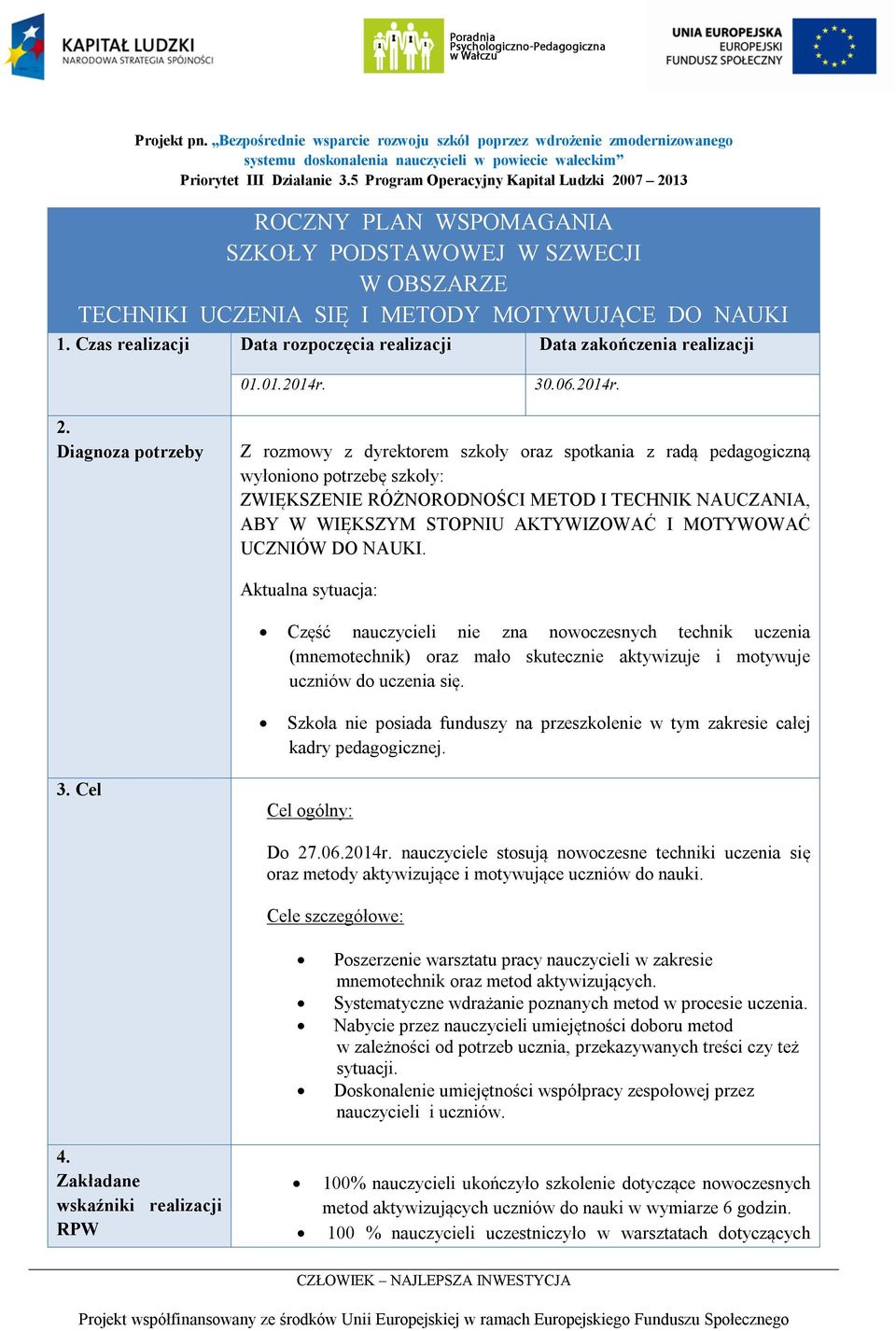 Czas realizacji Data rozpoczęcia realizacji Data zakończenia realizacji 01.01.2014r. 30.06.2014r. 2.