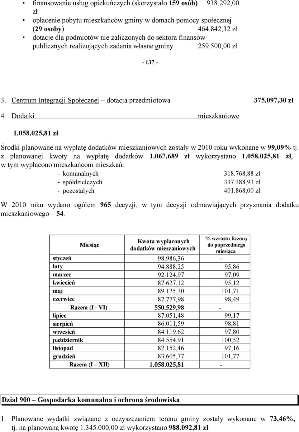 097,30 zł 4. Dodatki mieszkaniowe 1.058.025,81 zł Środki planowane na wypłatę dodatków mieszkaniowych zostały w 2010 roku wykonane w 99,09% tj. z planowanej kwoty na wypłatę dodatków 1.067.