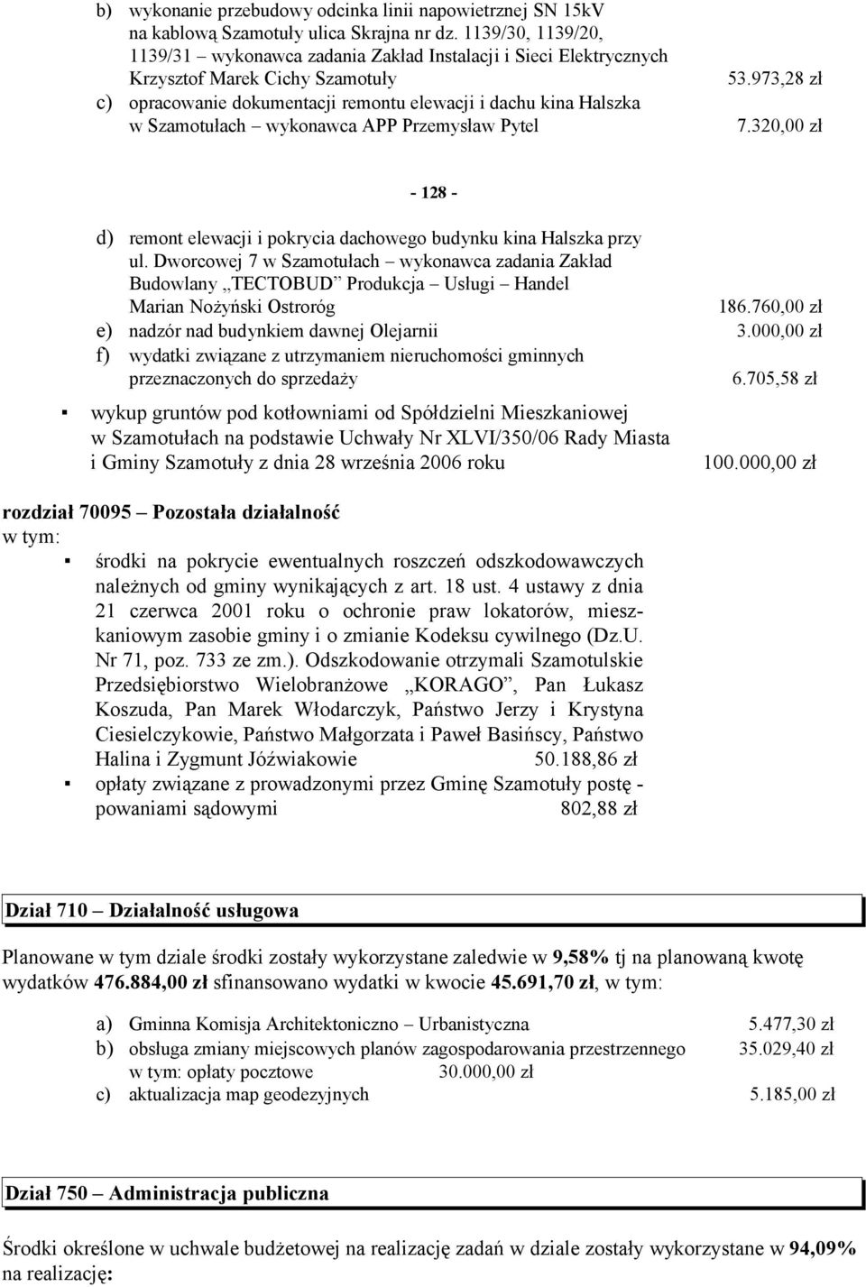 wykonawca APP Przemysław Pytel 53.973,28 zł 7.320,00 zł - 128 - d) remont elewacji i pokrycia dachowego budynku kina Halszka przy ul.