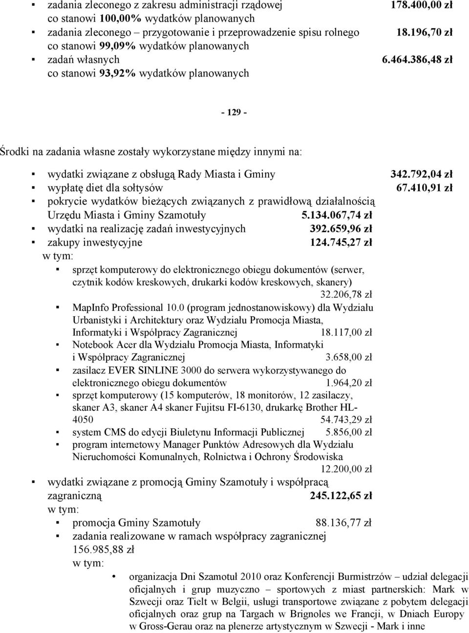 386,48 zł co stanowi 93,92% wydatków planowanych - 129 - Środki na zadania własne zostały wykorzystane między innymi na: wydatki związane z obsługą Rady Miasta i Gminy 342.