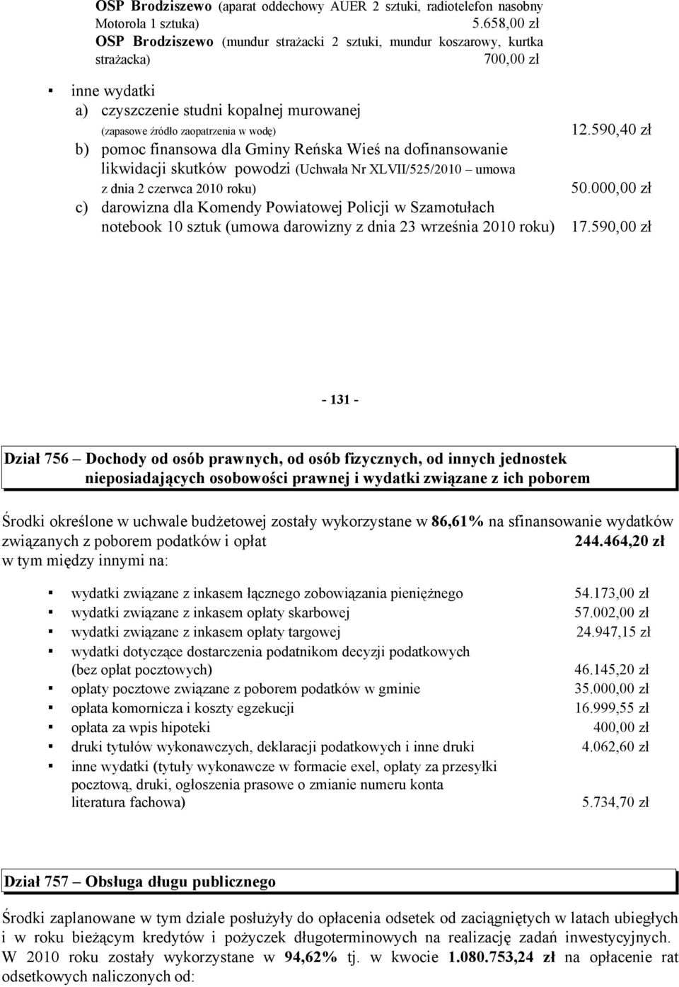 590,40 zł b) pomoc finansowa dla Gminy Reńska Wieś na dofinansowanie likwidacji skutków powodzi (Uchwała Nr XLVII/525/2010 umowa z dnia 2 czerwca 2010 roku) 50.