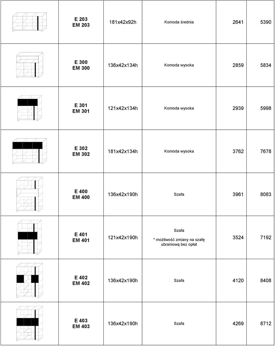 EM 400 136x42x190h Szafa 3961 8083 E 401 EM 401 121x42x190h Szafa * możliwość zmiany na szafę