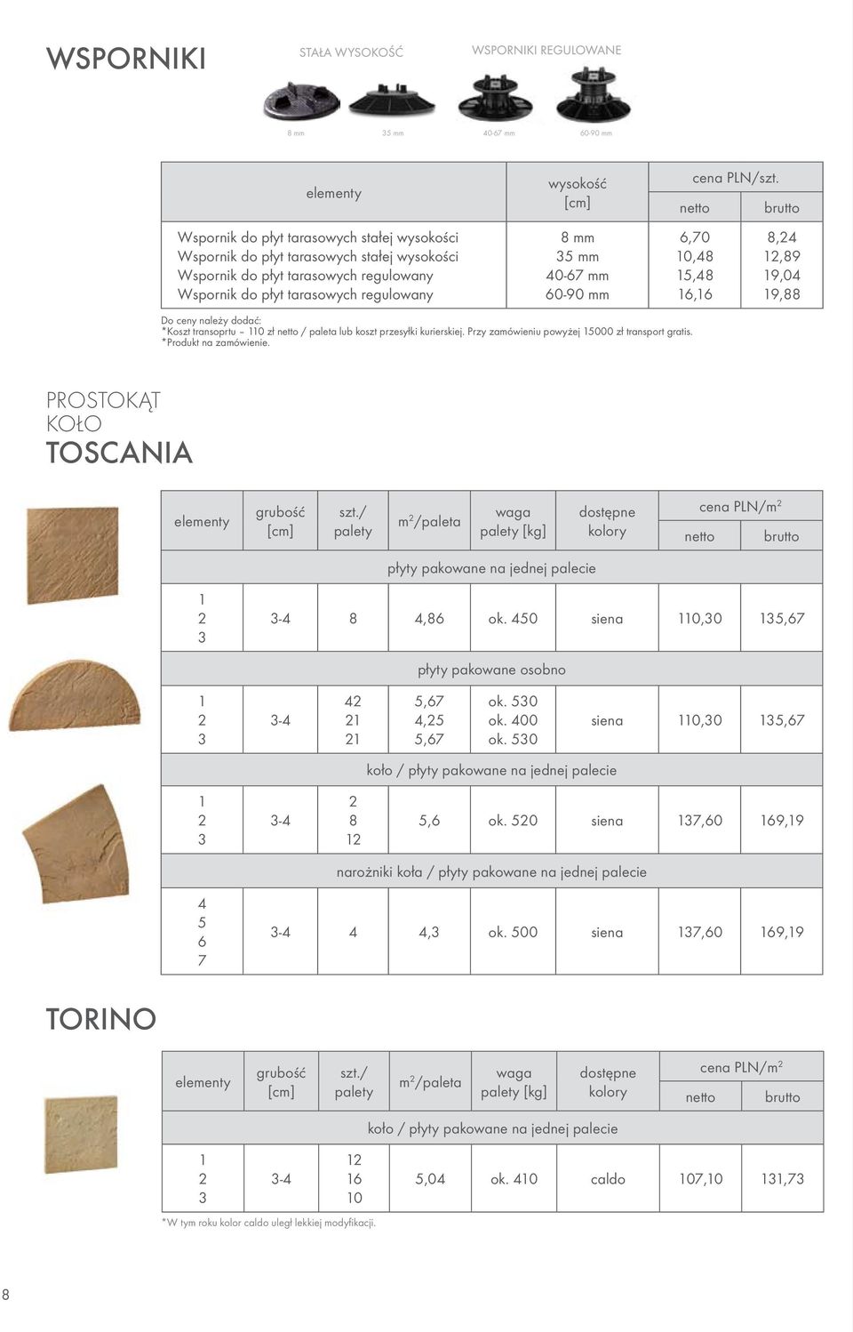 *Produkt na zamówienie. PROSTOKĄT KOŁO TOSCANIA elementy palety palety płyty pakowane na jednej palecie -4 4, ok. 450 siena,0 5, płyty pakowane osobno elementy -4 4 szt. / palety 5, m / 4,5 5, ok.