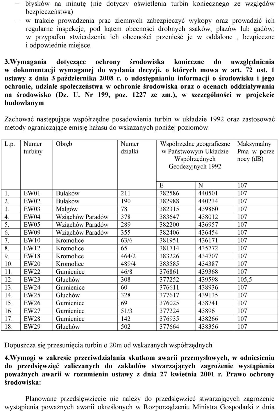 Wymagania dotyczące ochrony środowiska konieczne do uwzględnienia w dokumentacji wymaganej do wydania decyzji, o których mowa w art. 72 ust. 1 ustawy z dnia 3 października 2008 r.