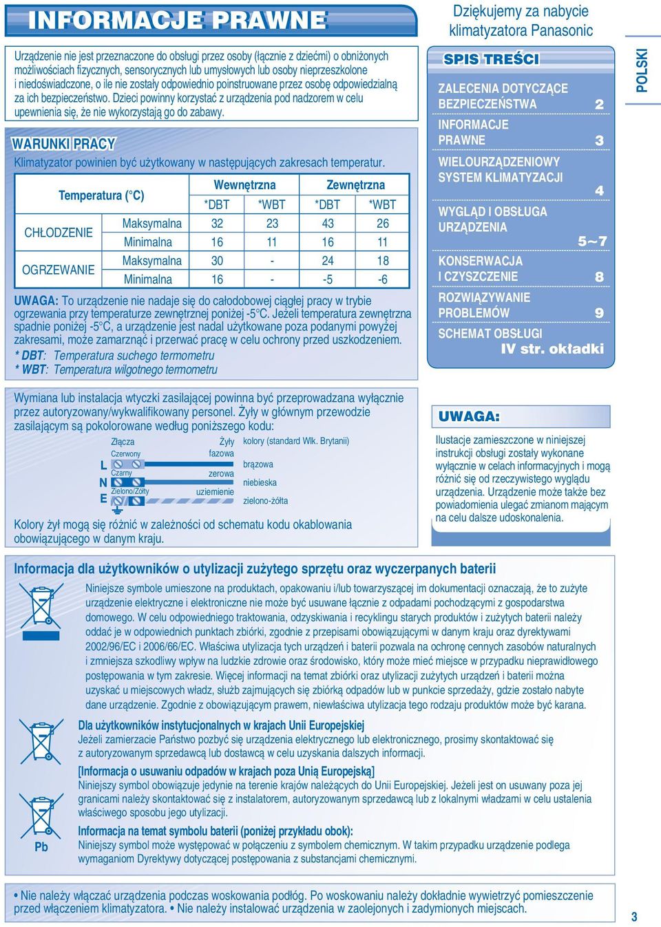 Dzieci powinny korzystać z urządzenia pod nadzorem w celu upewnienia się, że nie wykorzystają go do zabawy. WARUNKI PRACY Klimatyzator powinien być użytkowany w następujących zakresach temperatur.