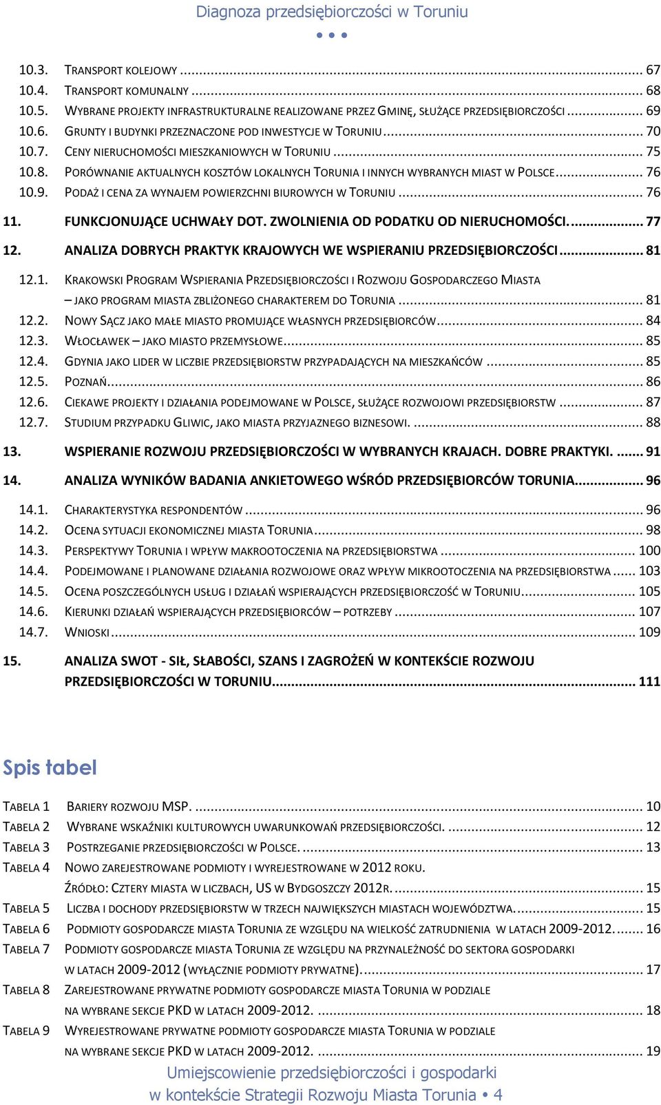 PODAŻ I CENA ZA WYNAJEM POWIERZCHNI BIUROWYCH W TORUNIU... 76 11. FUNKCJONUJĄCE UCHWAŁY DOT. ZWOLNIENIA OD PODATKU OD NIERUCHOMOŚCI.... 77 12.