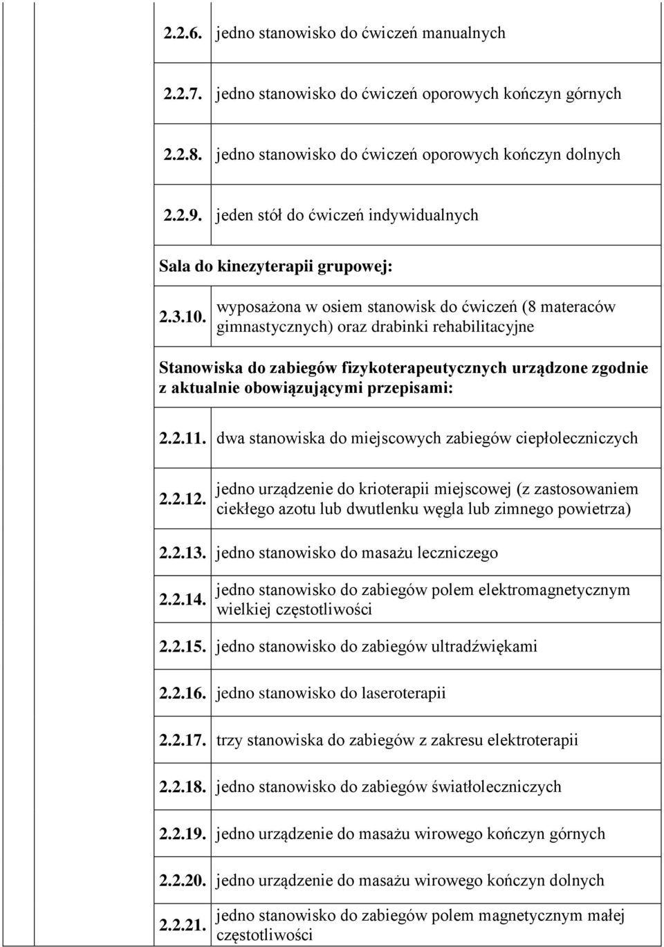 wyposażona w osiem stanowisk do ćwiczeń (8 materaców gimnastycznych) oraz drabinki rehabilitacyjne Stanowiska do zabiegów fizykoterapeutycznych urządzone zgodnie z aktualnie obowiązującymi