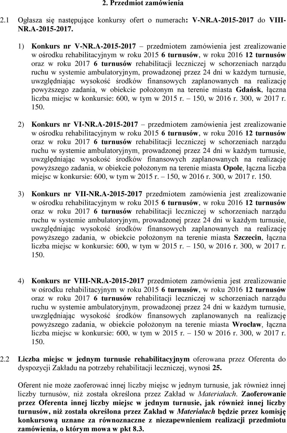 narządu ruchu w systemie ambulatoryjnym, prowadzonej przez 24 dni w każdym turnusie, uwzględniając wysokość środków finansowych zaplanowanych na realizację powyższego zadania, w obiekcie położonym na