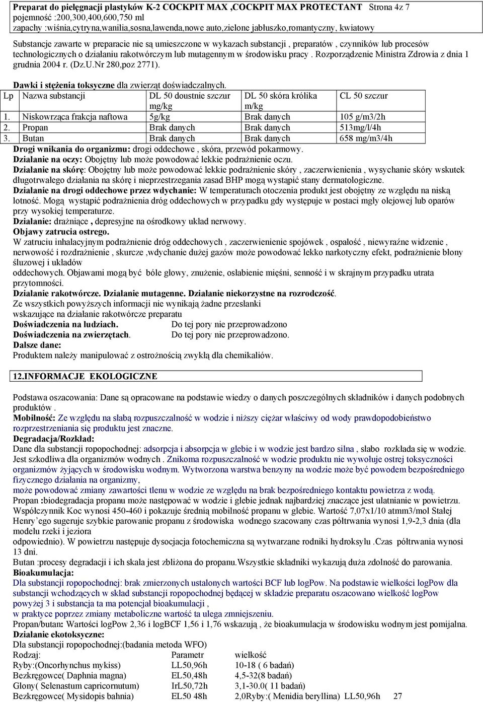 Dawki i stężenia toksyczne dla zwierząt doświadczalnych. Lp Nazwa substancji DL 50 doustnie szczur DL 50 skóra królika CL 50 szczur mg/kg m/kg 1.