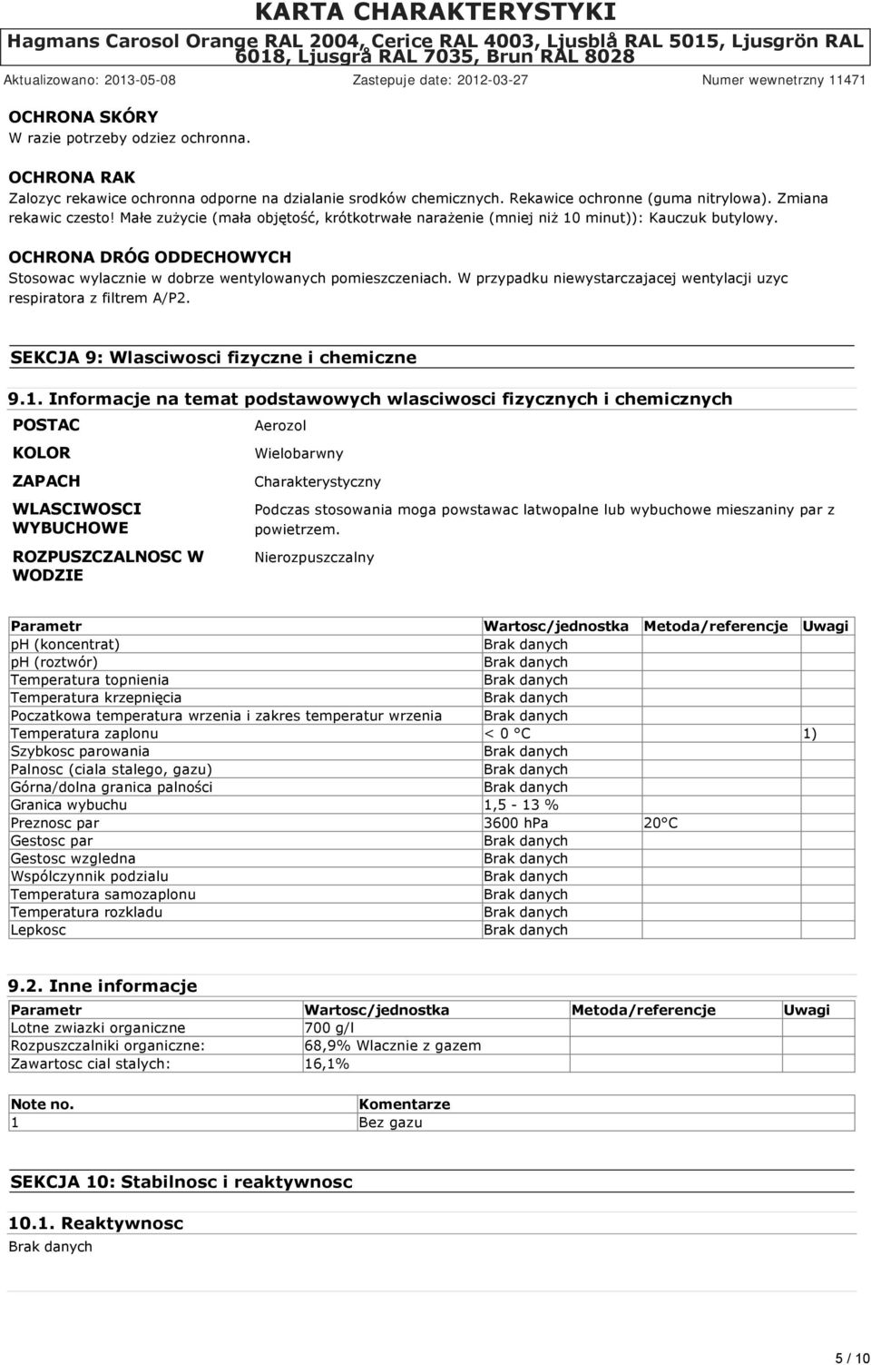 W przypadku niewystarczajacej wentylacji uzyc respiratora z filtrem A/P2. SEKCJA 9: Wlasciwosci fizyczne i chemiczne 9.1.